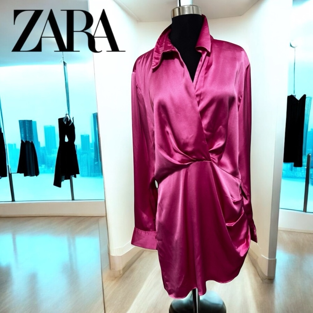 New Zara Satin Wrap Dress in Fuchsia